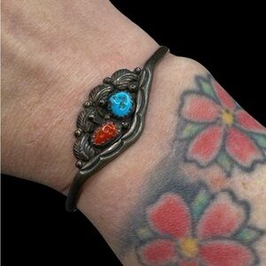 Vintage Cynthia Begay Signed Sterling Silver Turquoise & Coral Petite Cuff 6.5”
